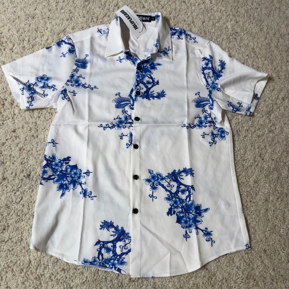 NWT Atlani JOLIPLACARD Mens S Floral Button Down Shirt Short Sleeve White Blue